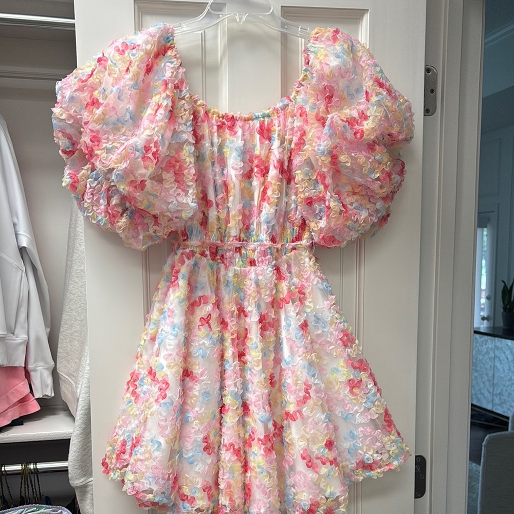 Multicolored Puff Sleeve Mini Sundress for Wedding Guests